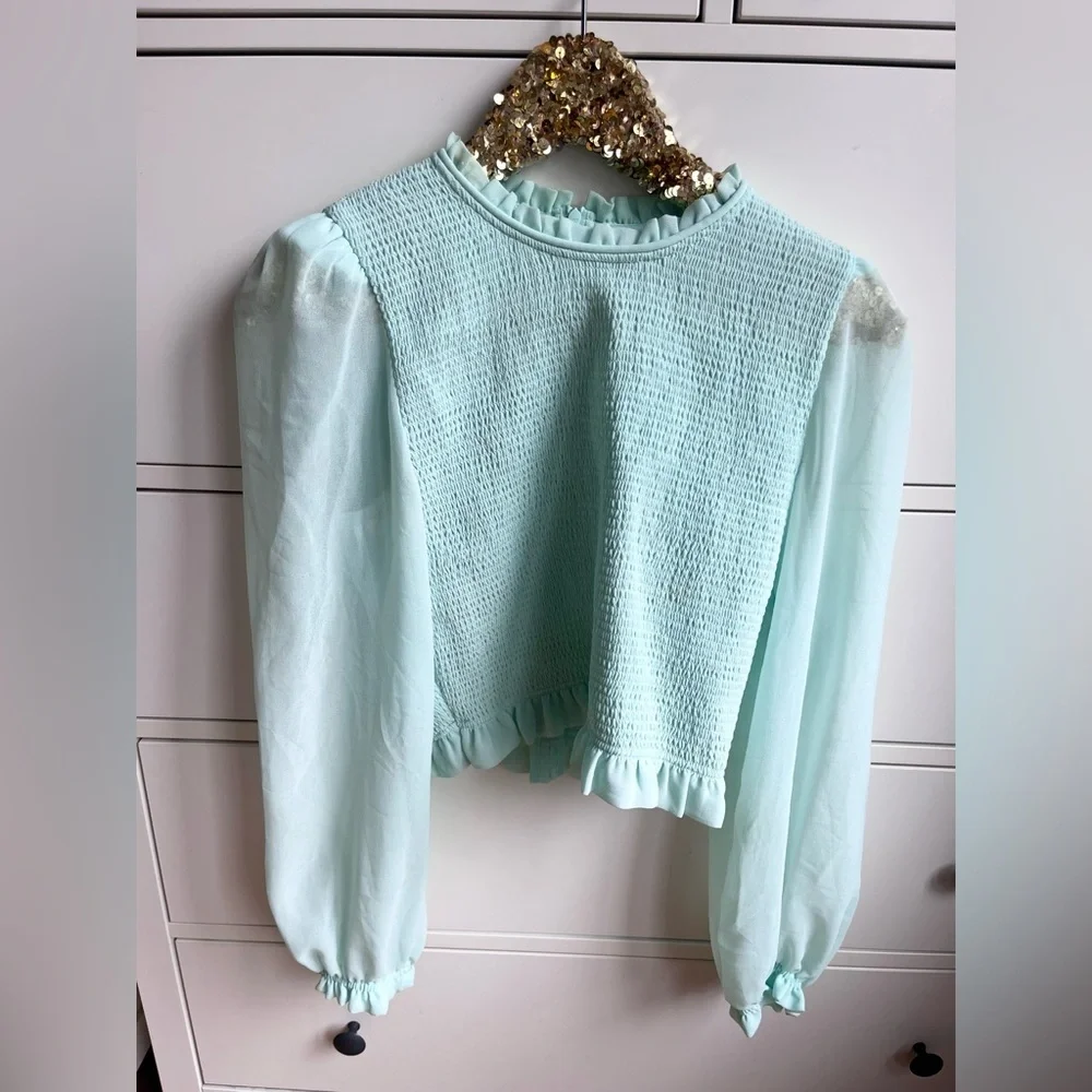 Aritzia Wilfred Pale Mint Smocked Chiffon Ruffle Temptest Top Cottagecore